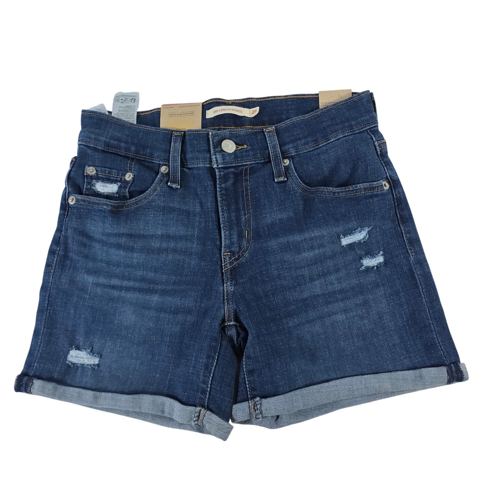 Levis Mid Length Shorts Womens 26 Hypersoft Mid Rise Distressed Denim Blue 2